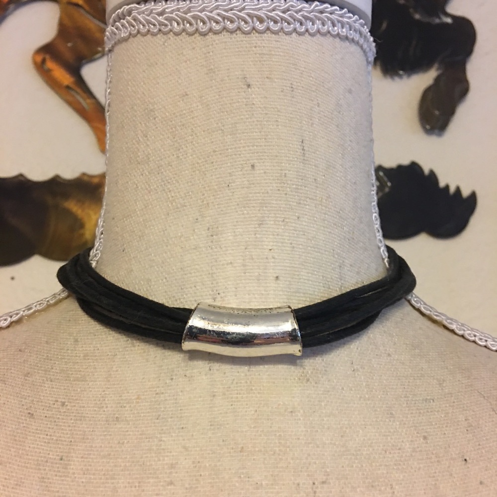 Multi strand leather cord silver accent choker